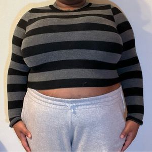 Black and Gray Striped Long-Sleeved Crop Top